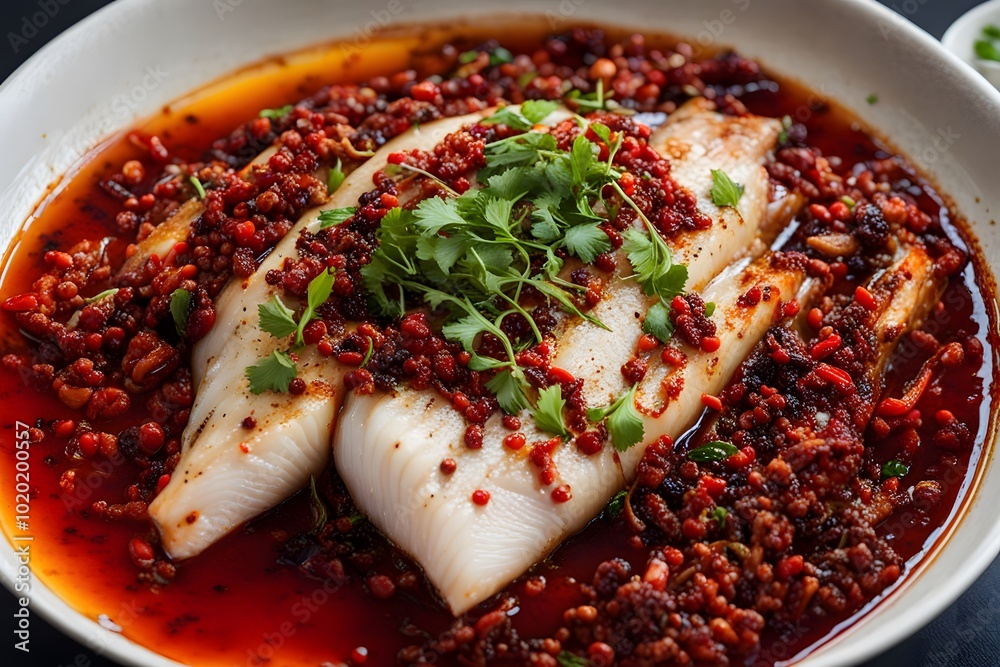 Φωτογραφία Hot and spicy Sichuan-style boiled fish swimming in a sea of chili oil and peppe