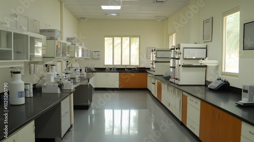 86. A laboratory with fume hoods and a bright, inviting atmosphere