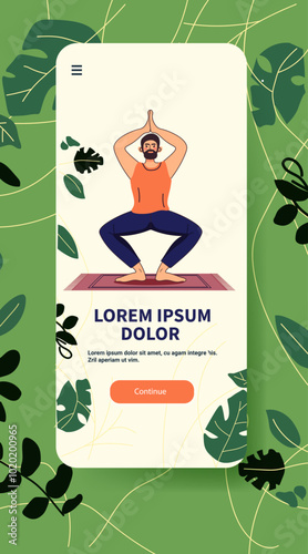 Yoga man practicing pose on mat healthy lifestyle concept surrounded by green leaves background website template