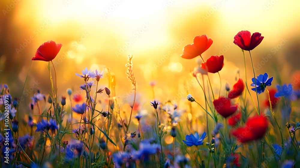 Vibrant Floral Meadow at Enchanting Sunset Vibrant Floral Meadow at Enchanting Sunset