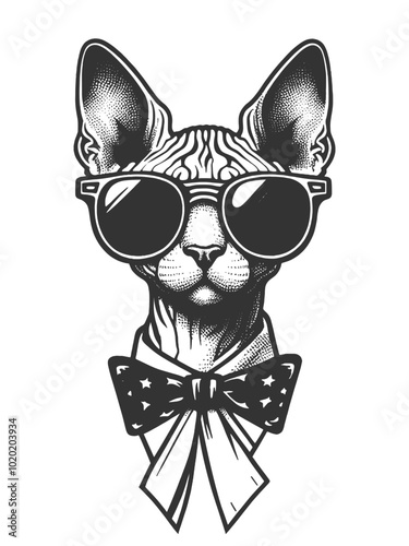 Sphynx cat confidently wearing sunglasses, exuding coolness and attitude sketch engraving generative ai vector illustration. Scratch board imitation. Black and white image.