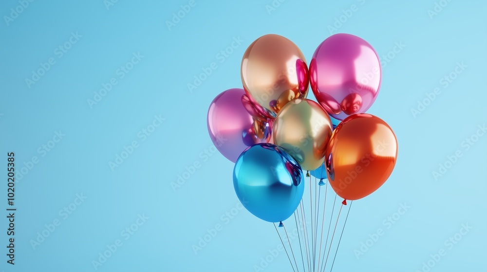 Colorful helium balloons floating against a light blue background, perfect for party decorations or celebrations Colorful helium balloons floating against a light blue background, perfect for party decorations or celebrations