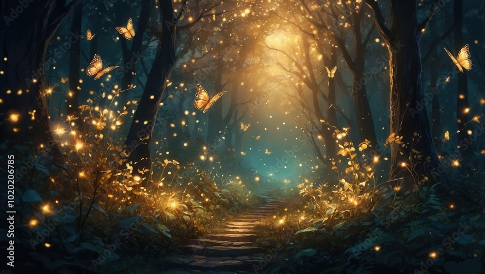Naklejka premium Magical forest pathway leading to light, surrounded by greenery and butterflies