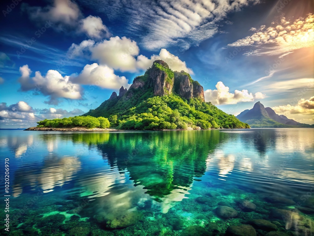 Naklejka premium Serene Island in Majestic Mountains - A Picturesque Escape into Nature's Beauty