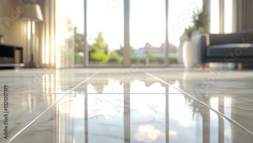 Close-up view of a polished grey tiled floor with light reflecting from a window.