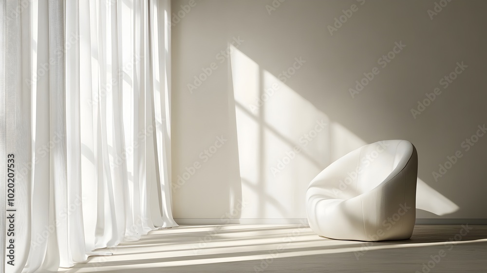 Minimalist Interior with Billowing White Curtains Bathed in Soft Natural Light Minimalist Interior with Billowing White Curtains Bathed in Soft Natural Light