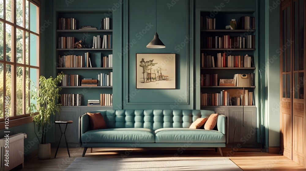 Cozy and Bright Contemporary Living Room with Aqua Sofa and Gray Bookshelf Cozy and Bright Contemporary Living Room with Aqua Sofa and Gray Bookshelf
