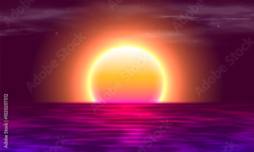 Futuristic landscape with sunset. 80s retro neon concept. Synthwave background. Vector illustration.