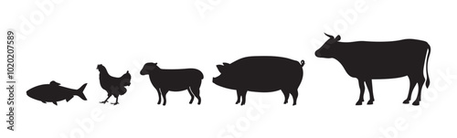 animal in farm pig goat chicken duck cow silhouette