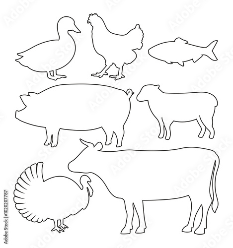 animal in farm pig goat chicken duck cow outlines