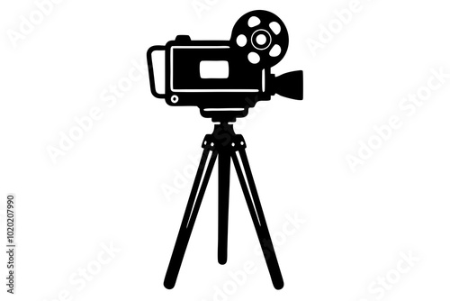 Film video camera with tripod | vector silhouette illustration on white background