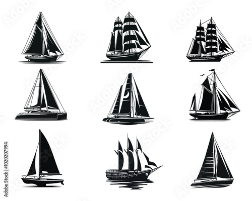 Set of Sailing Boat Vector illustration, Sailing Boat silhouettes Clipart Design