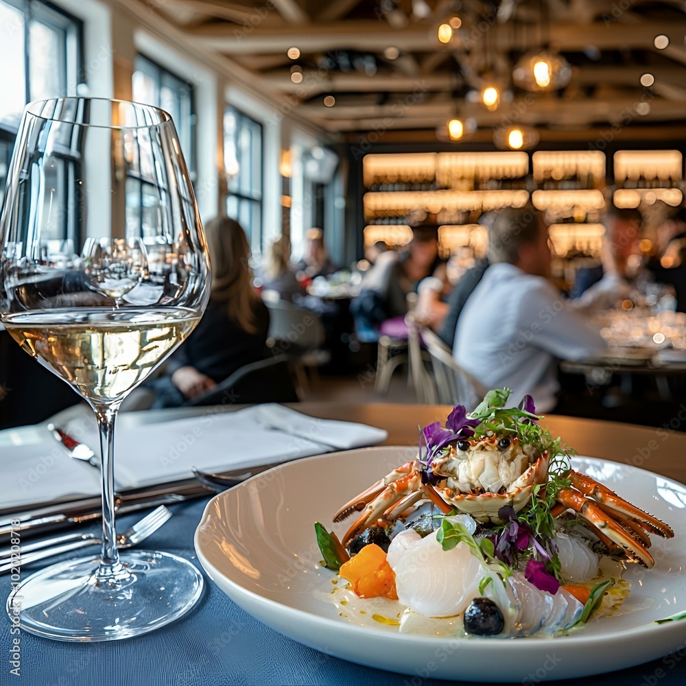 Elegant Seafood Platter with White Wine in Upscale Restaurant Ambiance. Elegant Seafood Platter with White Wine in Upscale Restaurant Ambiance.