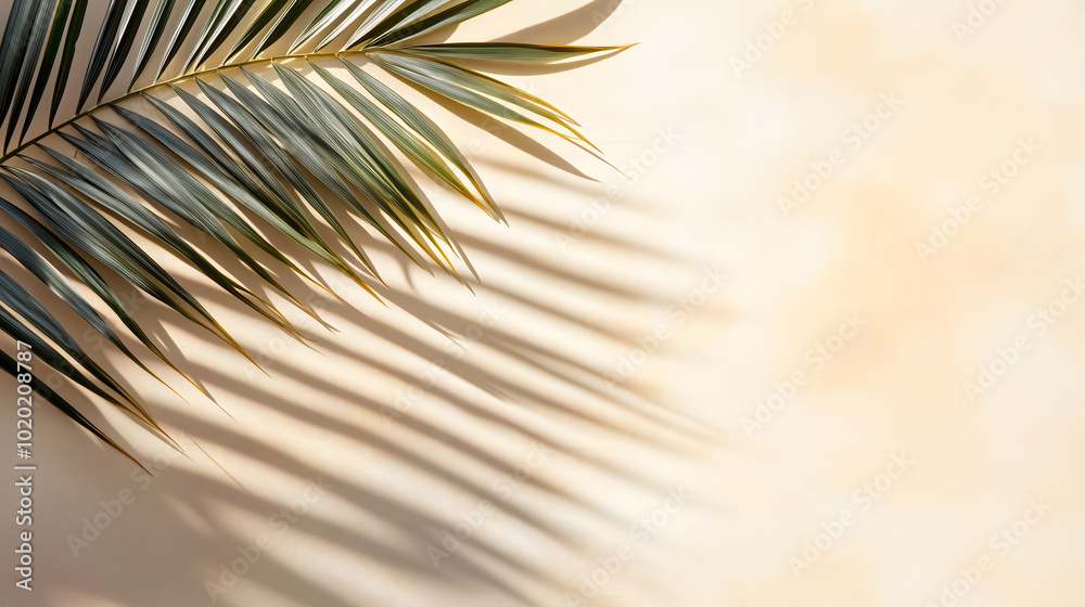 Fototapeta premium top view of tropical palm leaf shadow on sand color background. minimal summer concept. flat lay