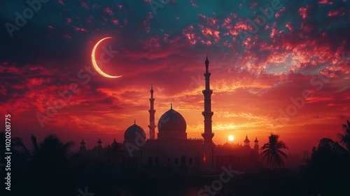 A mosque silhouetted against a dramatic sunset with a crescent moon in the sky. photo