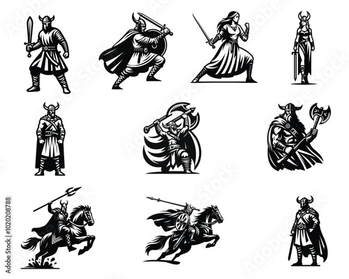 Viking Warrior Silhouettes Design Bundle, viking warrior Vector illustration illustration black and white