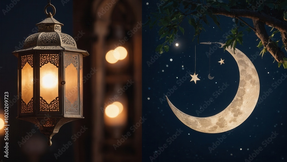 Ornate lantern casting light under a crescent moon in a starry nighttime sky Ornate lantern casting light under a crescent moon in a starry nighttime sky