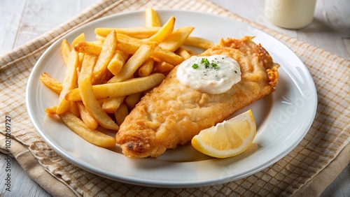 Crispy golden fried fish served with a side of golden french fries and a dollop of creamy sauce, all on a crisp white plate.