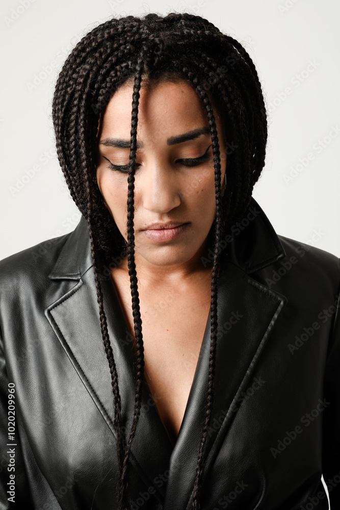 Confident African American young woman with long dark braids staying ...