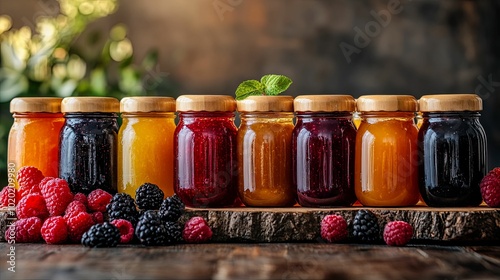 Jars of Colorful Jam with Fresh Raspberries and Blackberries photo