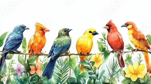 Watercolor Painting of Colorful Birds Perched on a Branch with Tropical Foliage