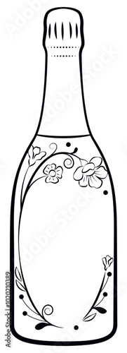 Dessin d'une bouteille d'alcool, vin pétillant, vin mousseux, prosecco, champagne décorée de fleurs avec un espace pour du texte sur l'étiquette. Vecteur festif pour carte d'anniversaire ou invitation