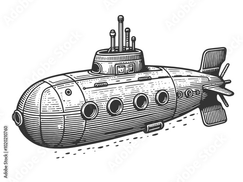 Cartoon steampunk Submarine sketch engraving generative ai vector illustration. T-shirt apparel print design. Scratch board imitation. Black and white hand drawn image.