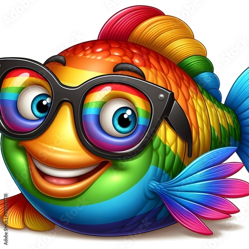 cartoon rainbow colored fish we smiling and wearing thick black glasses