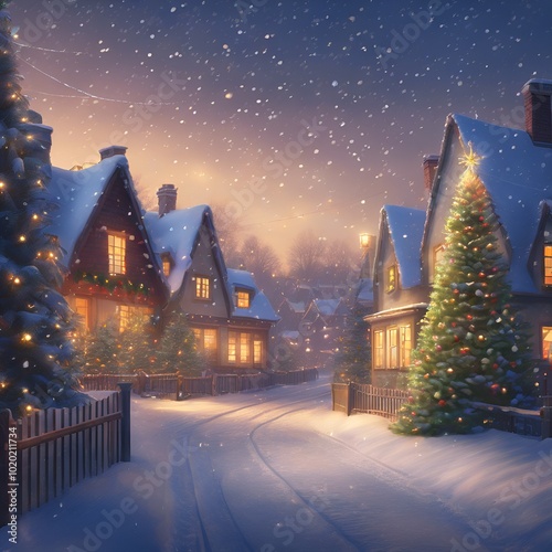  Snow village at dusk, windows with warm light, decorating Christmas trees, gently falling snowflakes, festive streets lined with holiday lights, painting style. Calm atmosphere, calm emotions. 