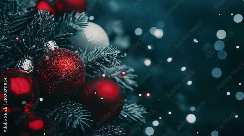 Christmas Tree with Red and White Ornaments and Sparkling Lights Background Christmas Tree with Red and White Ornaments and Sparkling Lights Background