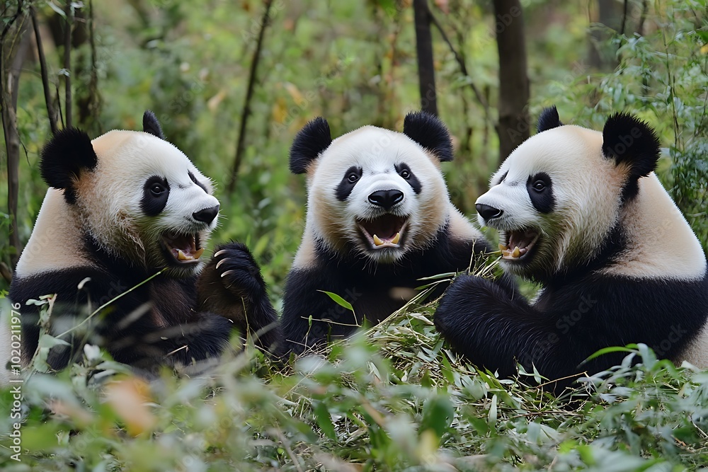 Obraz premium Three giant pandas playfully interacting in a lush green environment.