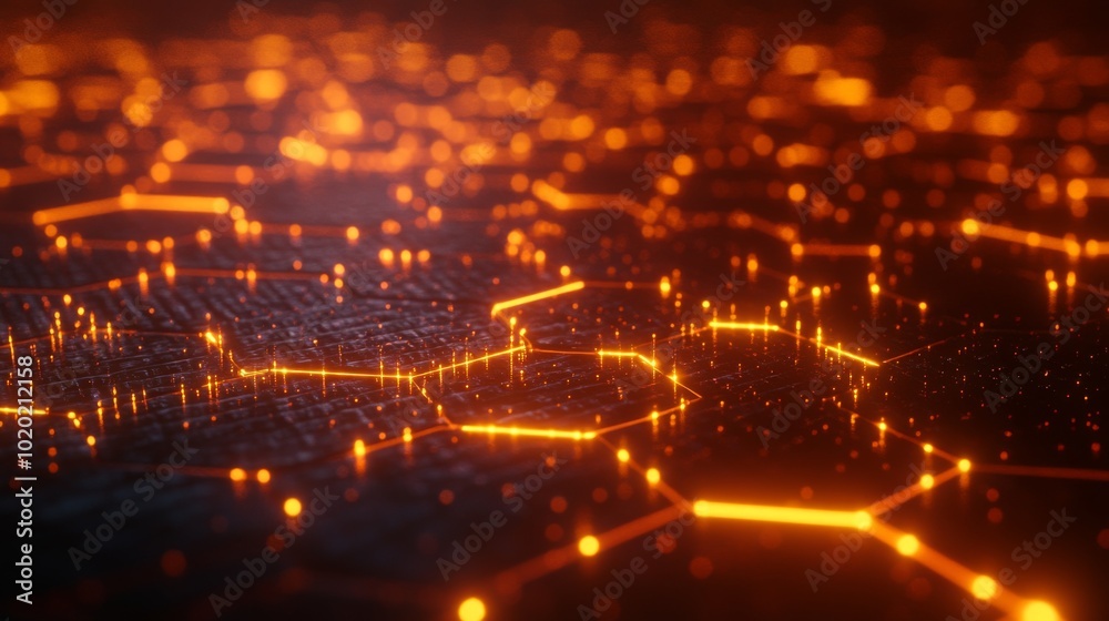 Abstract glowing hexagonal network with orange lines and dots Abstract glowing hexagonal network with orange lines and dots