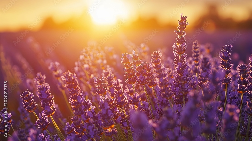 Purple Lavender Flowers Blooming in a Field at Sunset Purple Lavender Flowers Blooming in a Field at Sunset