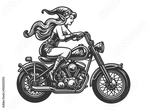 pin-up style elf riding a vintage motorcycle, retro vibe sketch engraving generative ai fictional character vector illustration. Scratch board imitation. Black and white image.