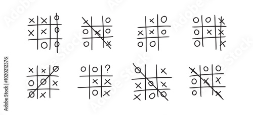 Hand drawn tic tac toe game, doodle X-O children game. Noughts and win. Play tictactoe draw.