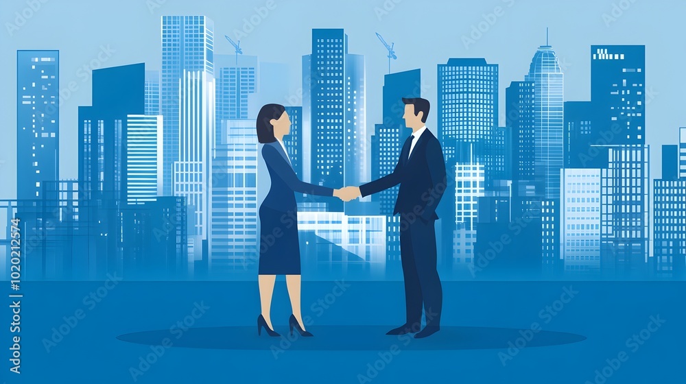 Businesspeople Shaking Hands with City Skyline in the Background