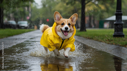A dog Is running on the road in the rain wearing yellow raincoat , jack Russell 