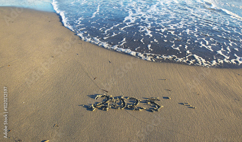 2025 text handwriting  on the sand in a beach with a wave  at ocean beach shore