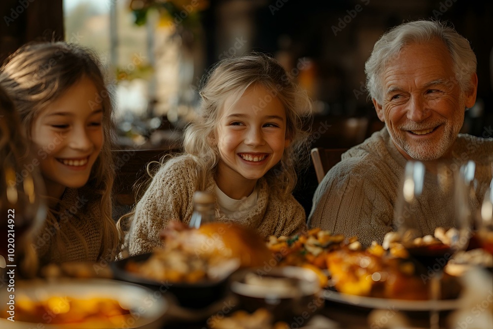 Family Gathering Around Festive Table Enjoying Thanksgiving Dinner. Family Gathering Around Festive Table Enjoying Thanksgiving Dinner.
