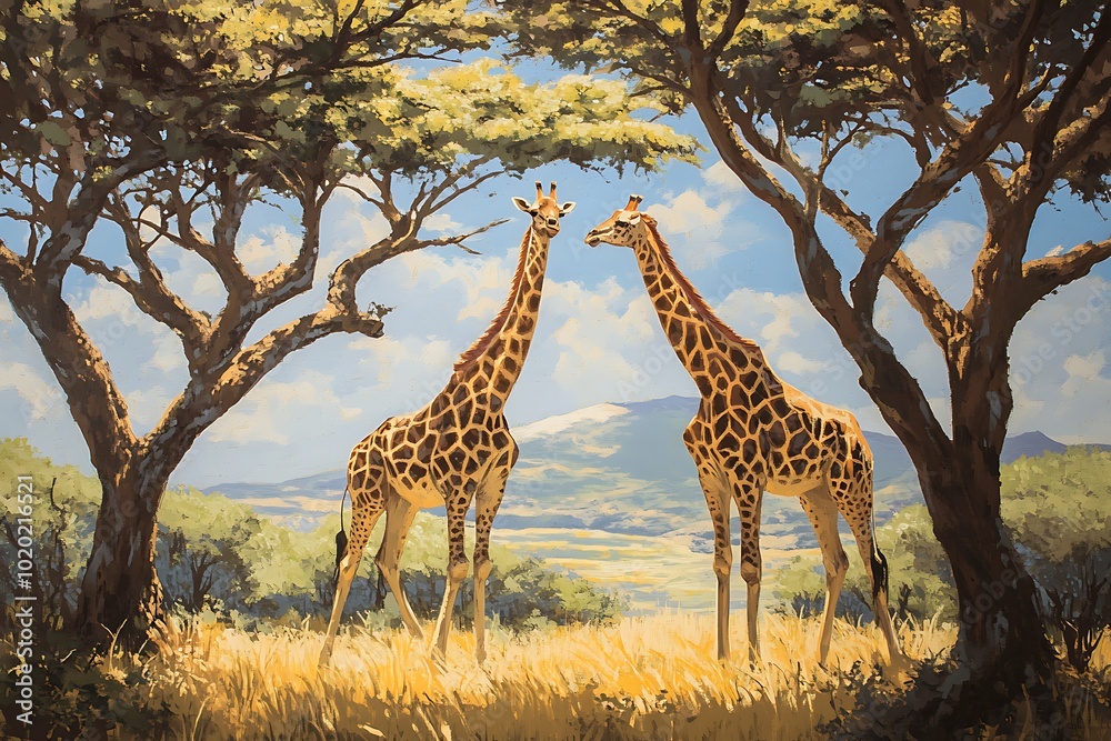 Fototapeta premium Two giraffes stand gracefully among trees in a serene landscape.