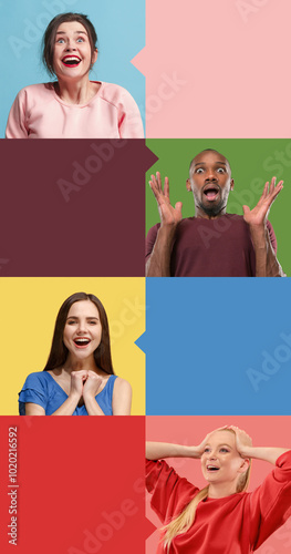 Men and women expressing positive emotions of excitement and surprise against multicolored background with empty space to insert text. Concept of human emotions, news. Social media banner, ads, sales