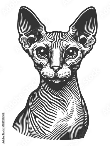 Sphynx cat, showcasing its distinctive hairless body and large ears, in a vintage style sketch engraving generative ai vector illustration. Scratch board imitation. Black and white image.