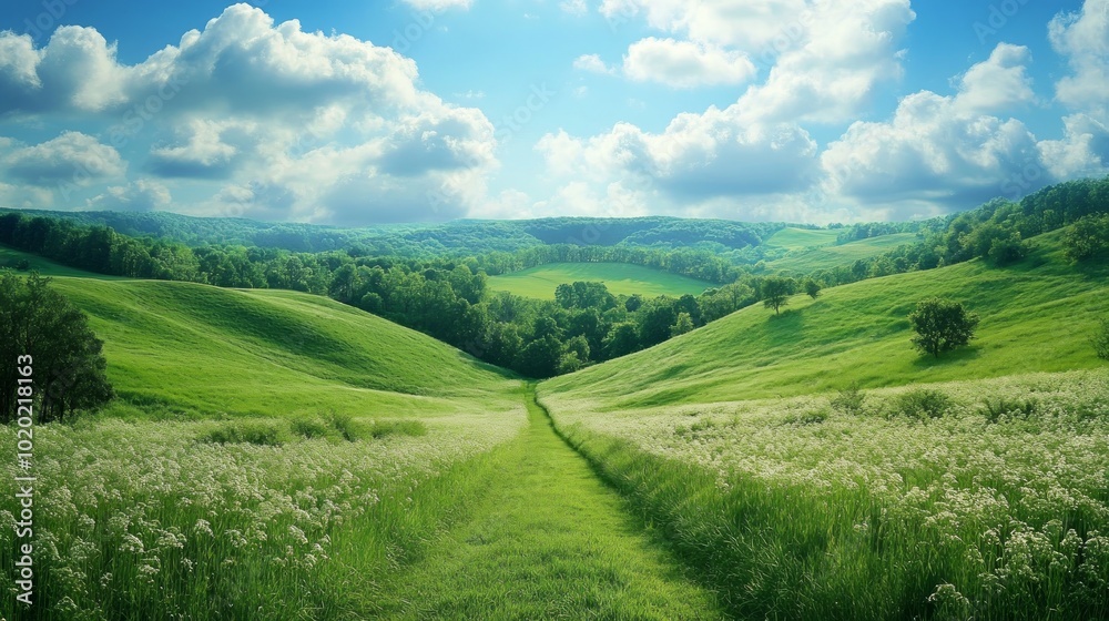 Fototapeta premium A picturesque path winds through a lush green valley, leading towards a distant horizon under a clear blue sky with fluffy white clouds.