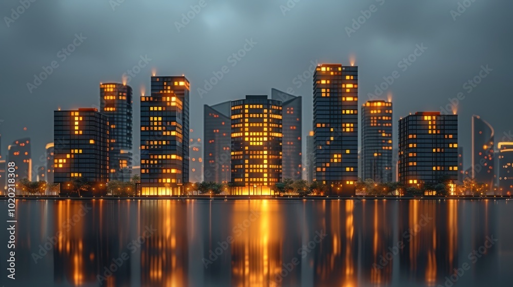 A stunning urban skyline illuminated at night, reflecting on the calm waters beneath a moody sky. Generative AI A stunning urban skyline illuminated at night, reflecting on the calm waters beneath a moody sky. Generative AI