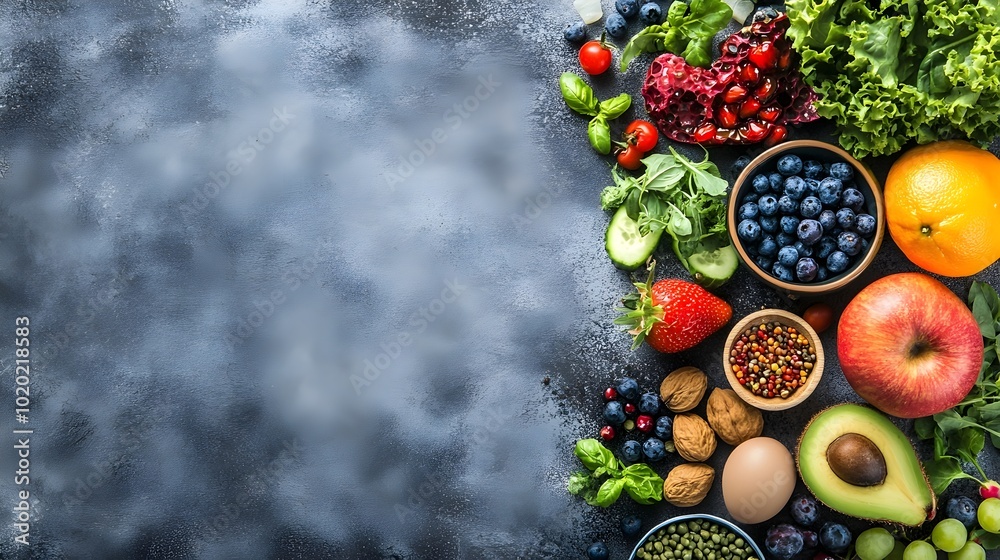 Diverse Assortment of Healthy Fruits and Vegetables on Gray Concrete Background Diverse Assortment of Healthy Fruits and Vegetables on Gray Concrete Background