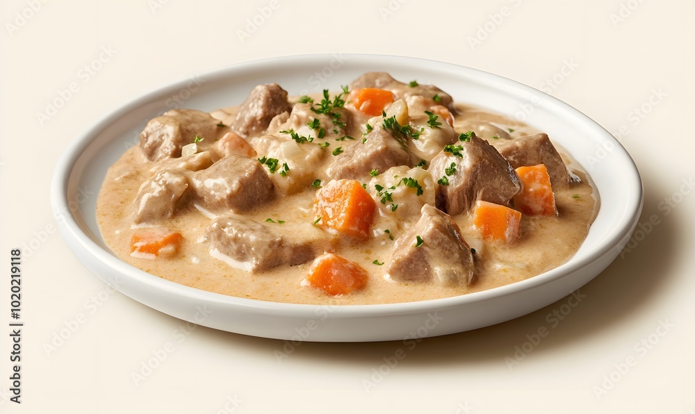 A plate of blanquette de veau, a creamy veal stew, Generative AI A plate of blanquette de veau, a creamy veal stew, Generative AI