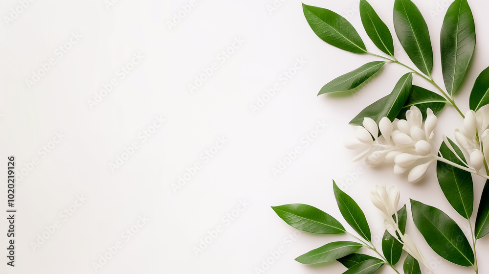 A beautiful collection of lush green leaves intertwined with soft white flowers creates a tranquil and inviting atmosphere on a bright white backdrop A beautiful collection of lush green leaves intertwined with soft white flowers creates a tranquil and inviting atmosphere on a bright white backdrop