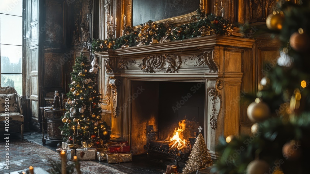 Cozy living room interior with a decorated fireplace on christmas eve, featuring stockings, garlands, and festive ornaments creating a warm holiday atmosphere, perfect for celebrating christmas tradit Cozy living room interior with a decorated fireplace on christmas eve, featuring stockings, garlands, and festive ornaments creating a warm holiday atmosphere, perfect for celebrating christmas tradit