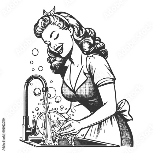 smiling retro housewife washing dishes at the sink, bubbly water sketch engraving generative ai fictional character vector illustration. Scratch board imitation. Black and white image.