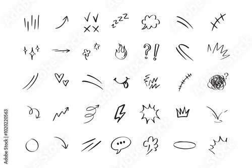 Doodle hand drawn cute cartoon expression sign. Line curve arrows, emoticon elements, symbols
